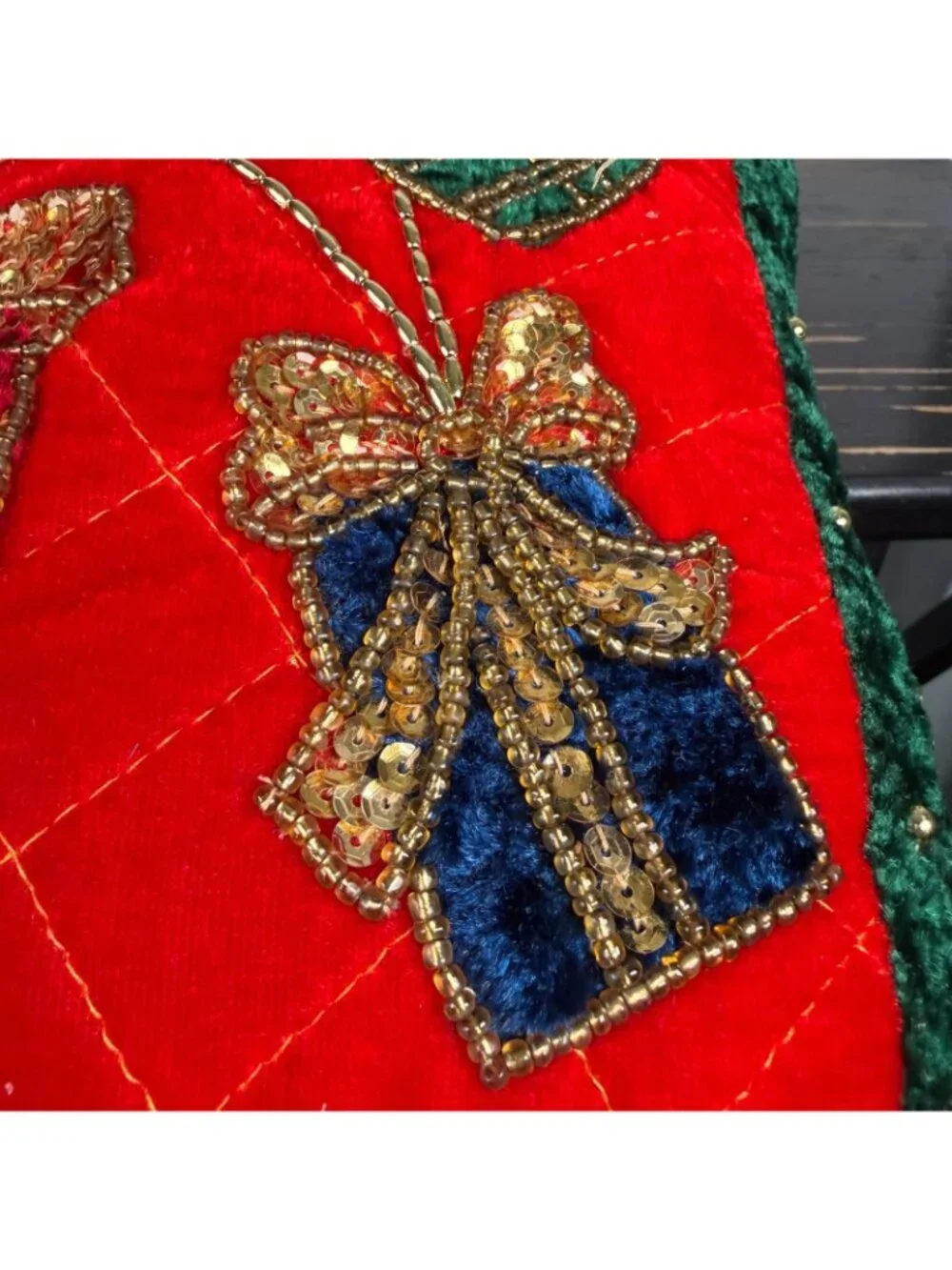 Vintage 3 crush Velvet Sequin Blue Red Green Christmas Tree Presents Pillows